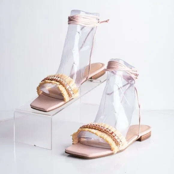 Anthropologie Embellished Tie Up Raffia Sandals Pink Rose EU 36 US 6 New - Picture 4 of 10